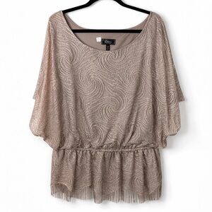 DressBarn Collection 3X Taupe Champagne Embellished Fringe Hem Blouse Metallic